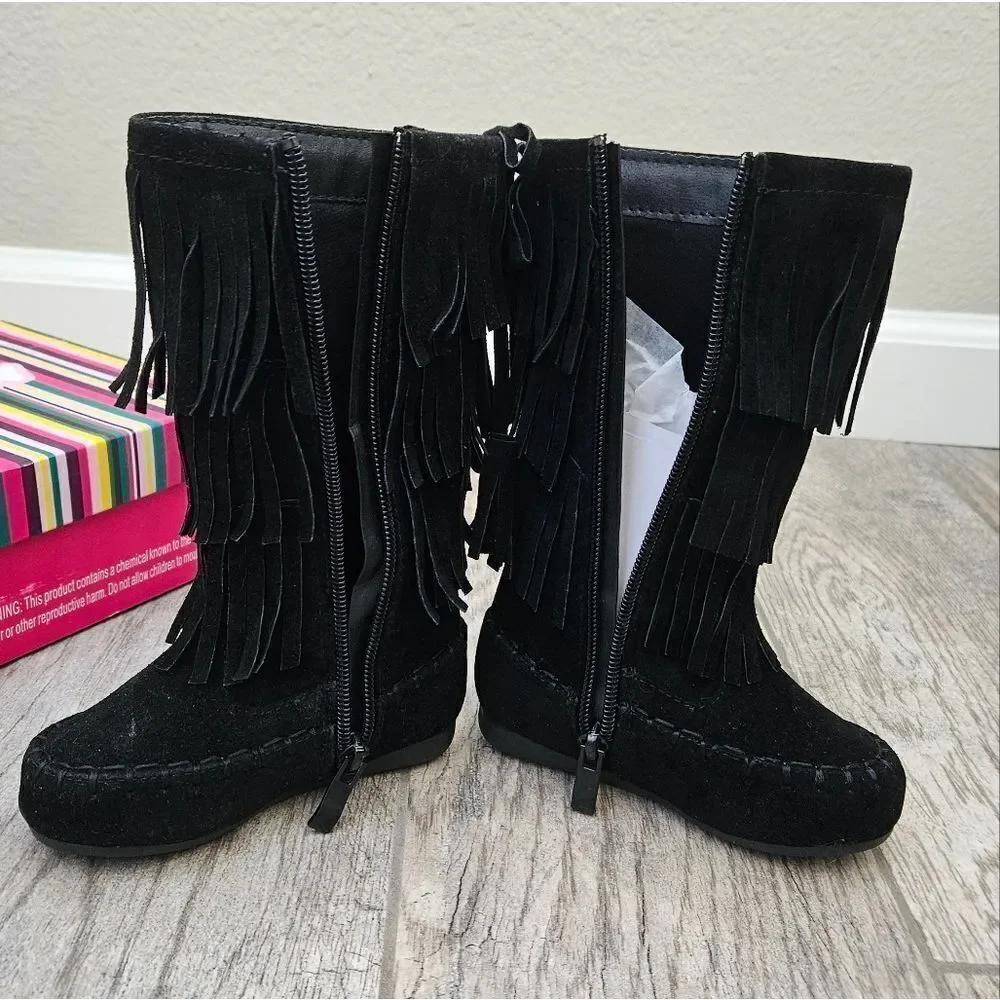 Link Candice 16KA Black Faux Suede Fringe Mid Calf Boots Size 5T